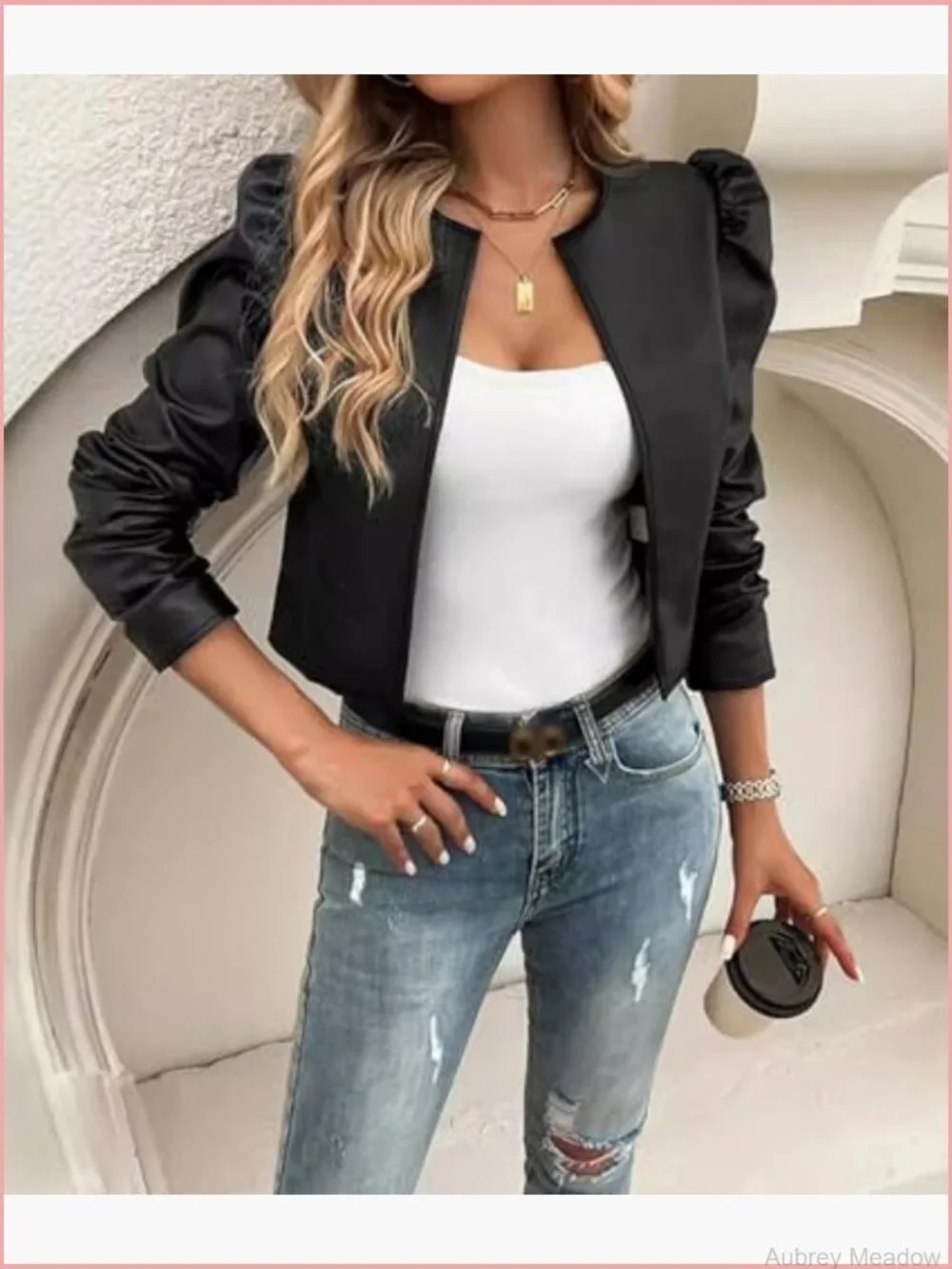 Faux Leather Puff Sleeve Cropped Bolero Blazer Open Front PU